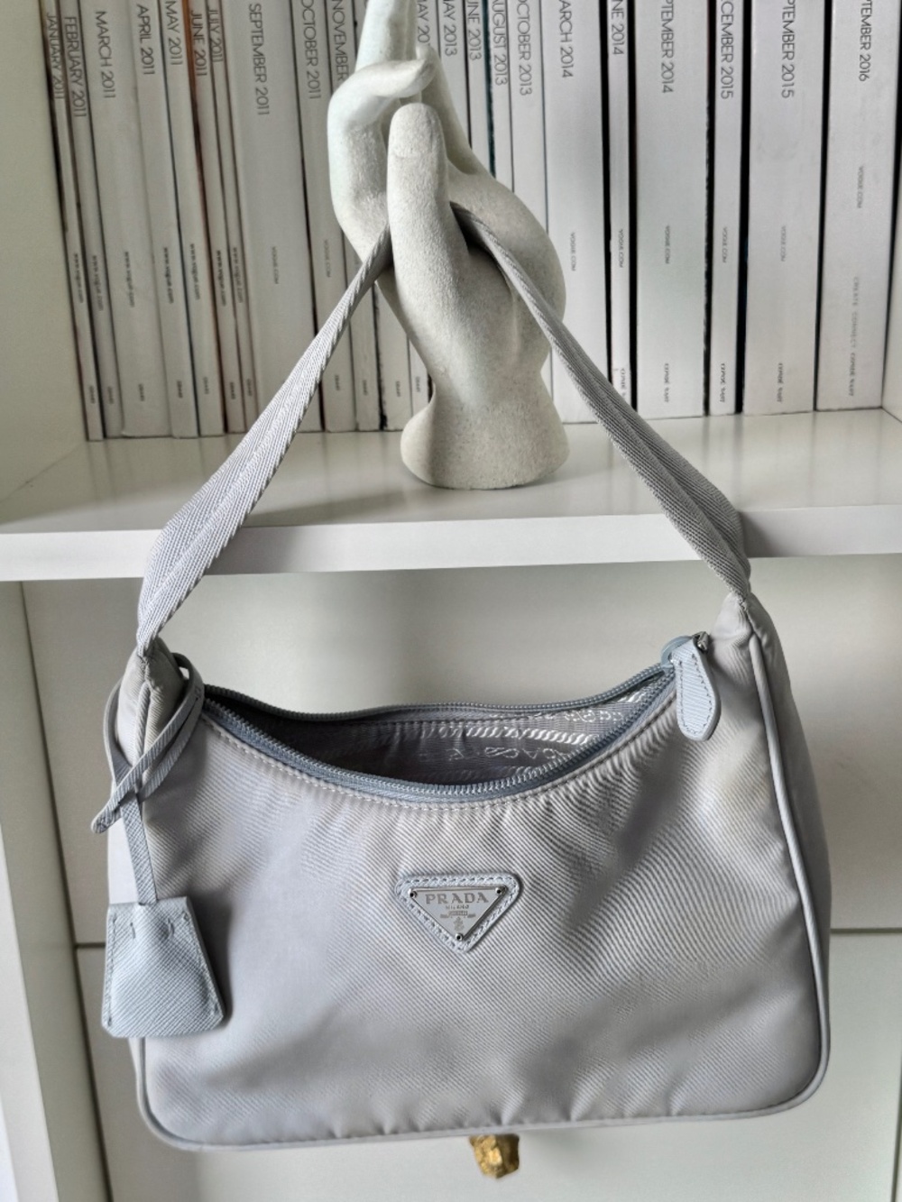 PRADA Re-Edition 2000 Mini Hobo silver gray small nylon bag underarm purse Y2k